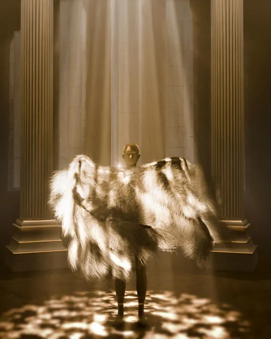 Render artístico de una escultura de ángel con iluminación etérea