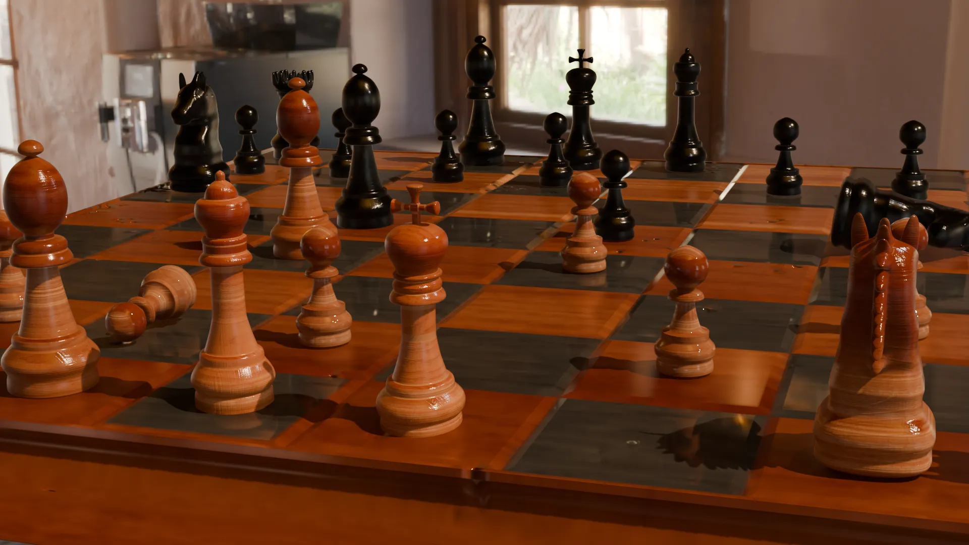 Render fotorealista de un tablero de ajedrez de madera barnizada