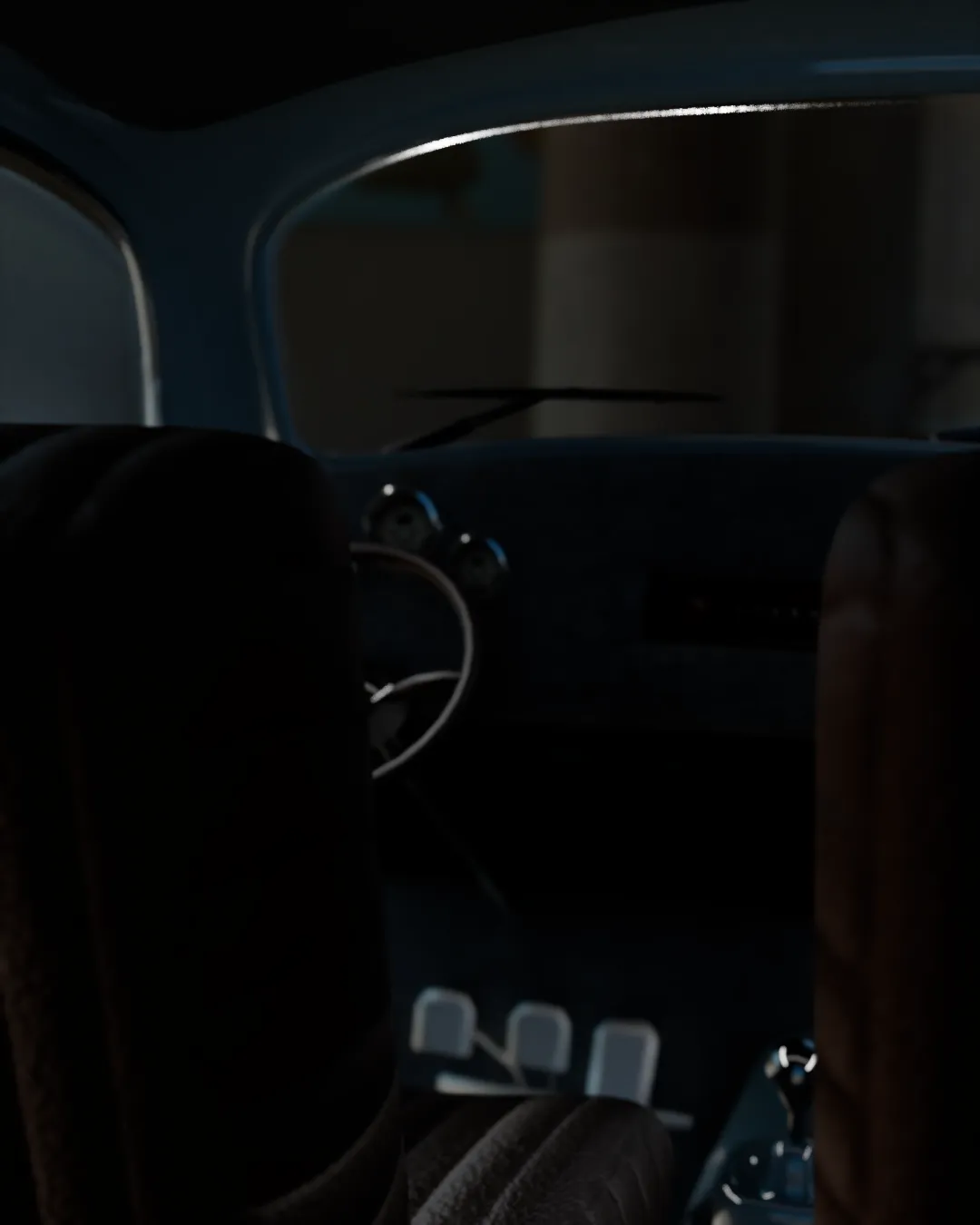 Render 3D del interior de un Volkswagen Vocho clásico con iluminación nocturna