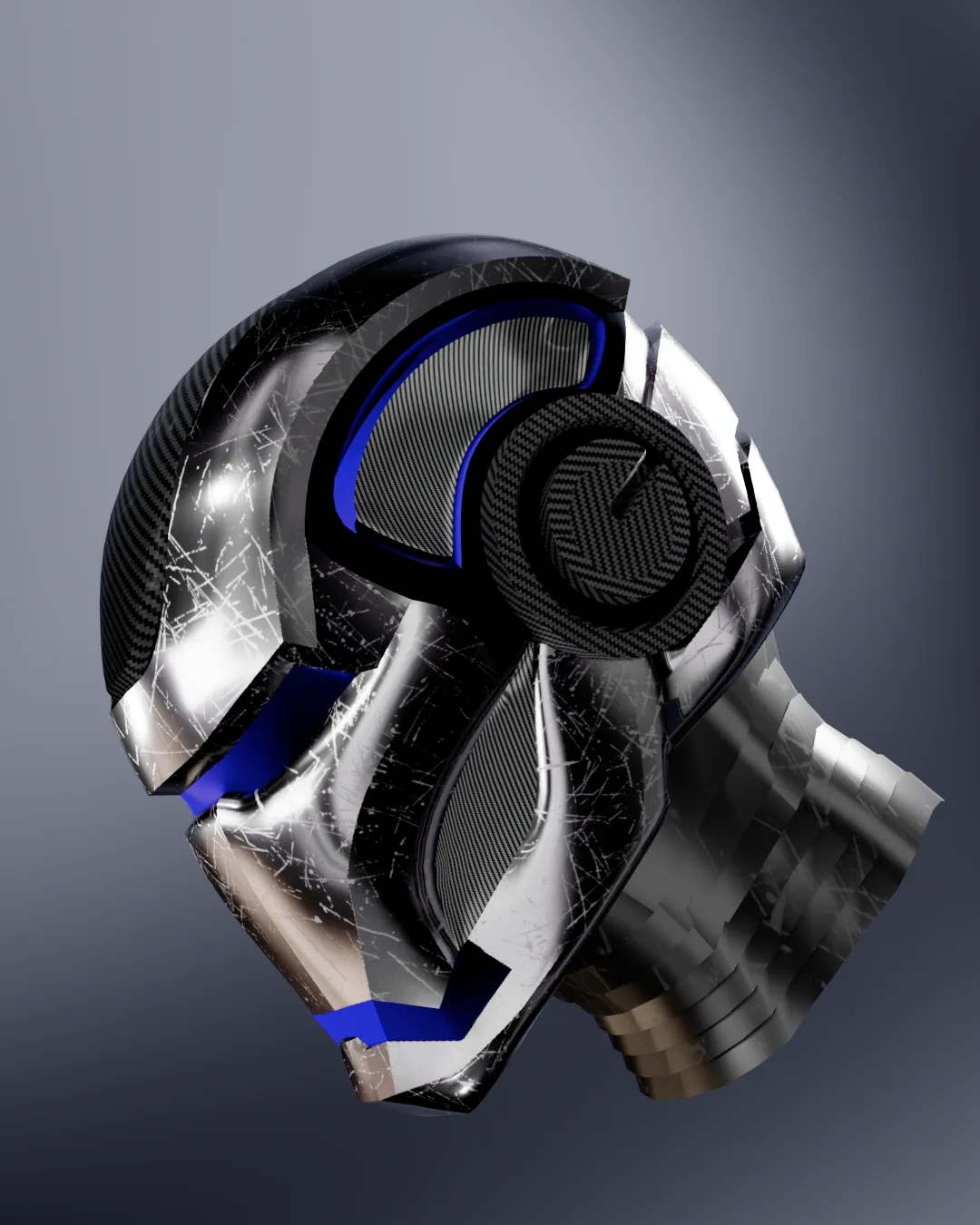 Render 3D de un casco futurista con acabados metálicos desgastados