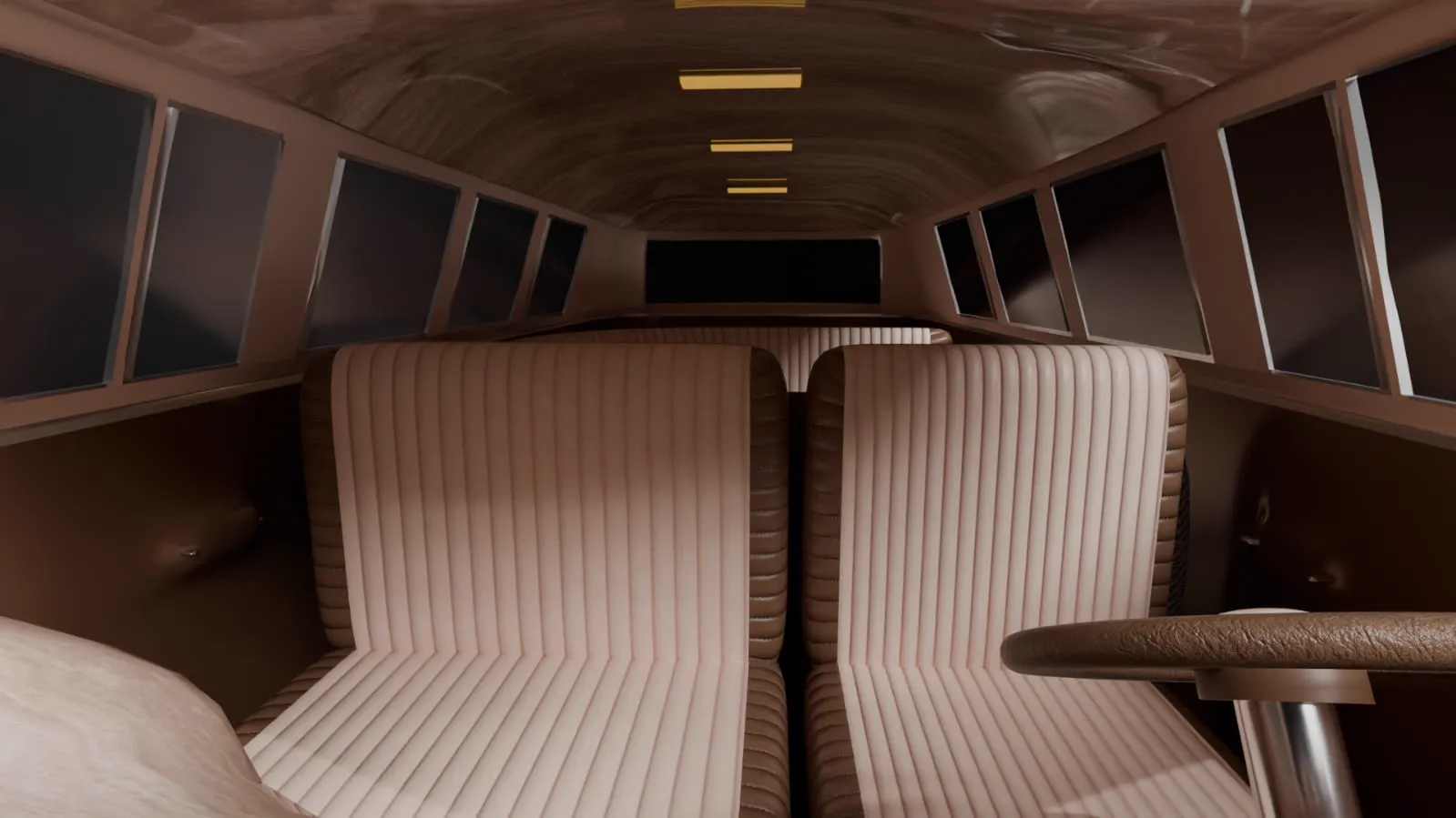 Render del interior de una Combi Volkswagen clásica con texturas de cuero