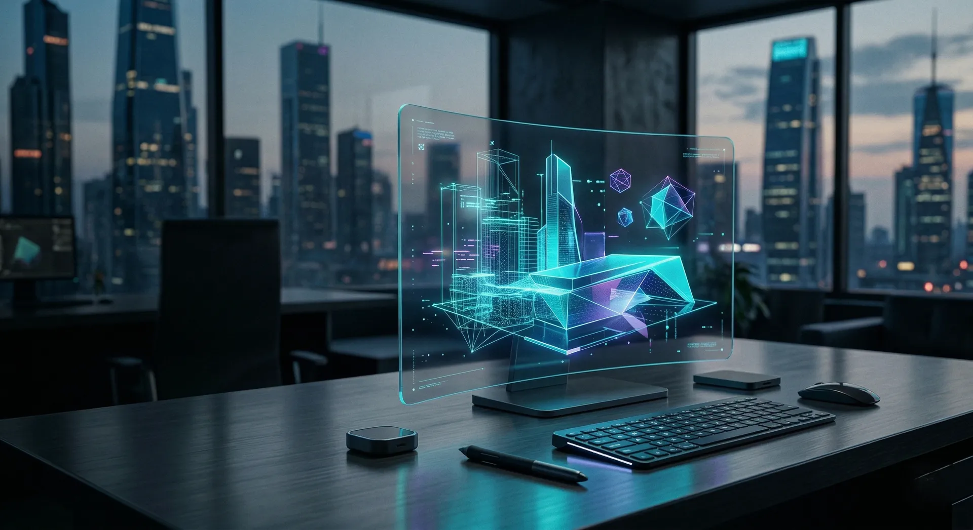 Holograma 3D en un escritorio futurista