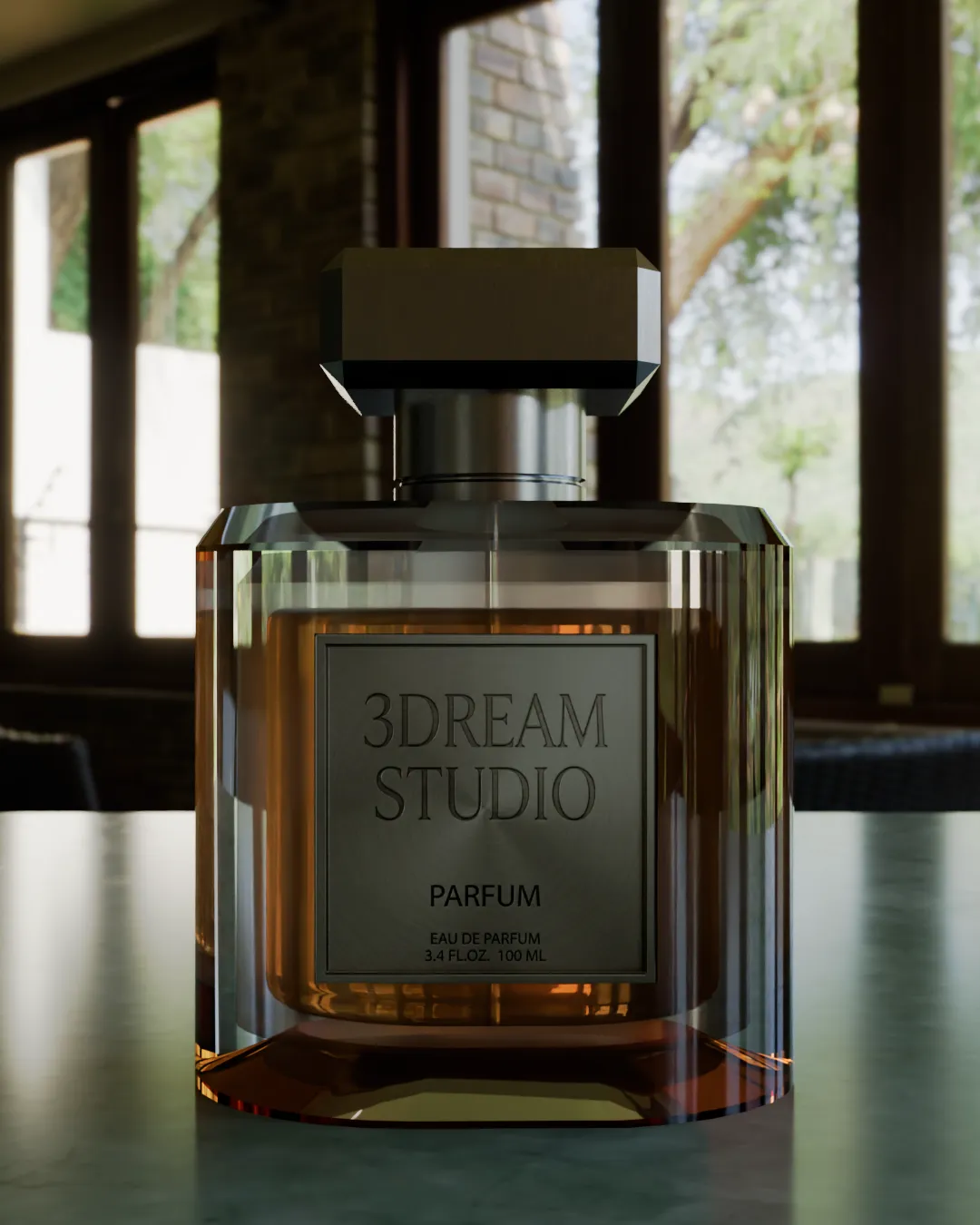 Render 3D de perfume elegante